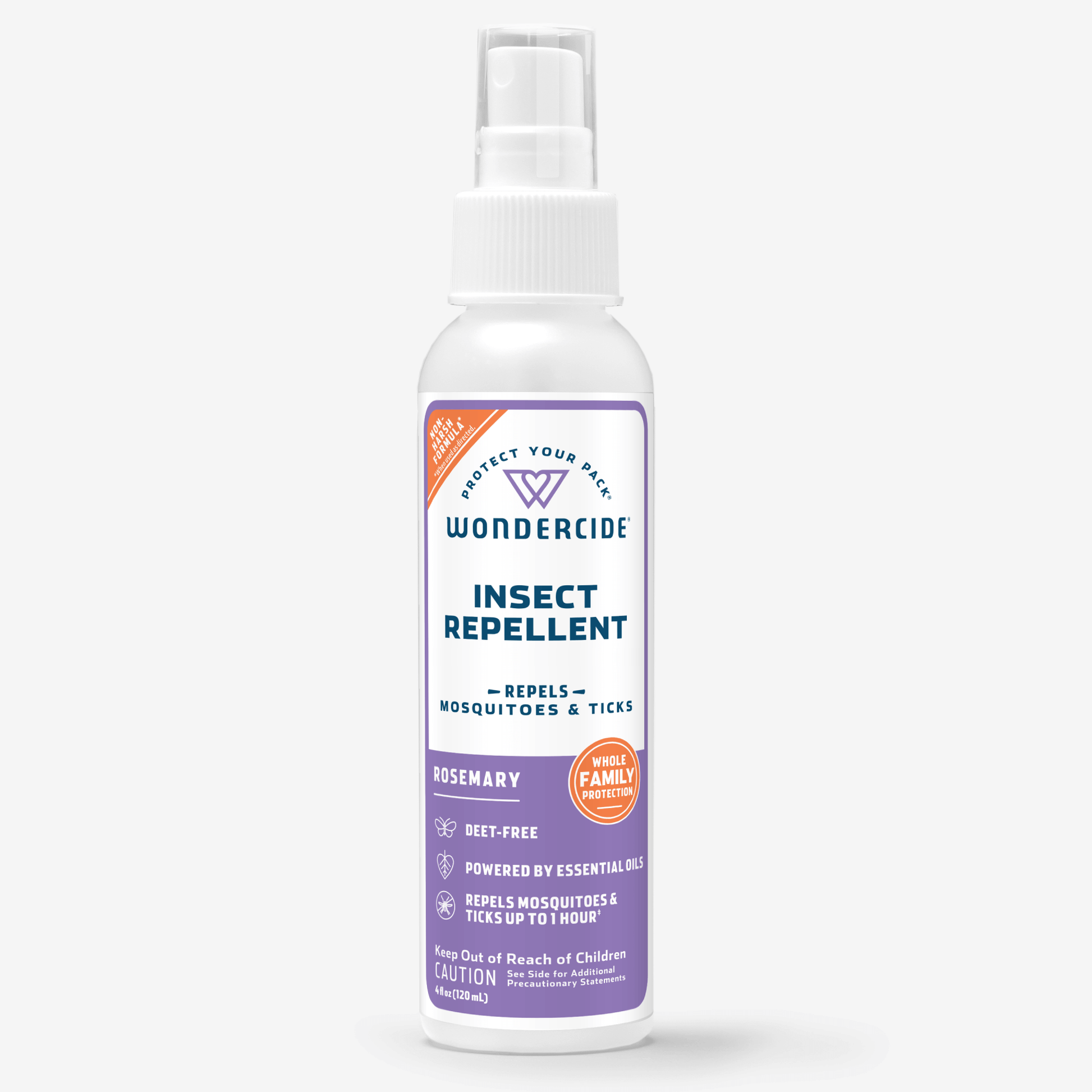A white Wondercide Insect Repellent for Family with Natural Essential Oils, in rosemary scent, DEET-free, family-friendly, and effective against mosquitoes and ticks—your go-to bug spray with purple and orange accents.