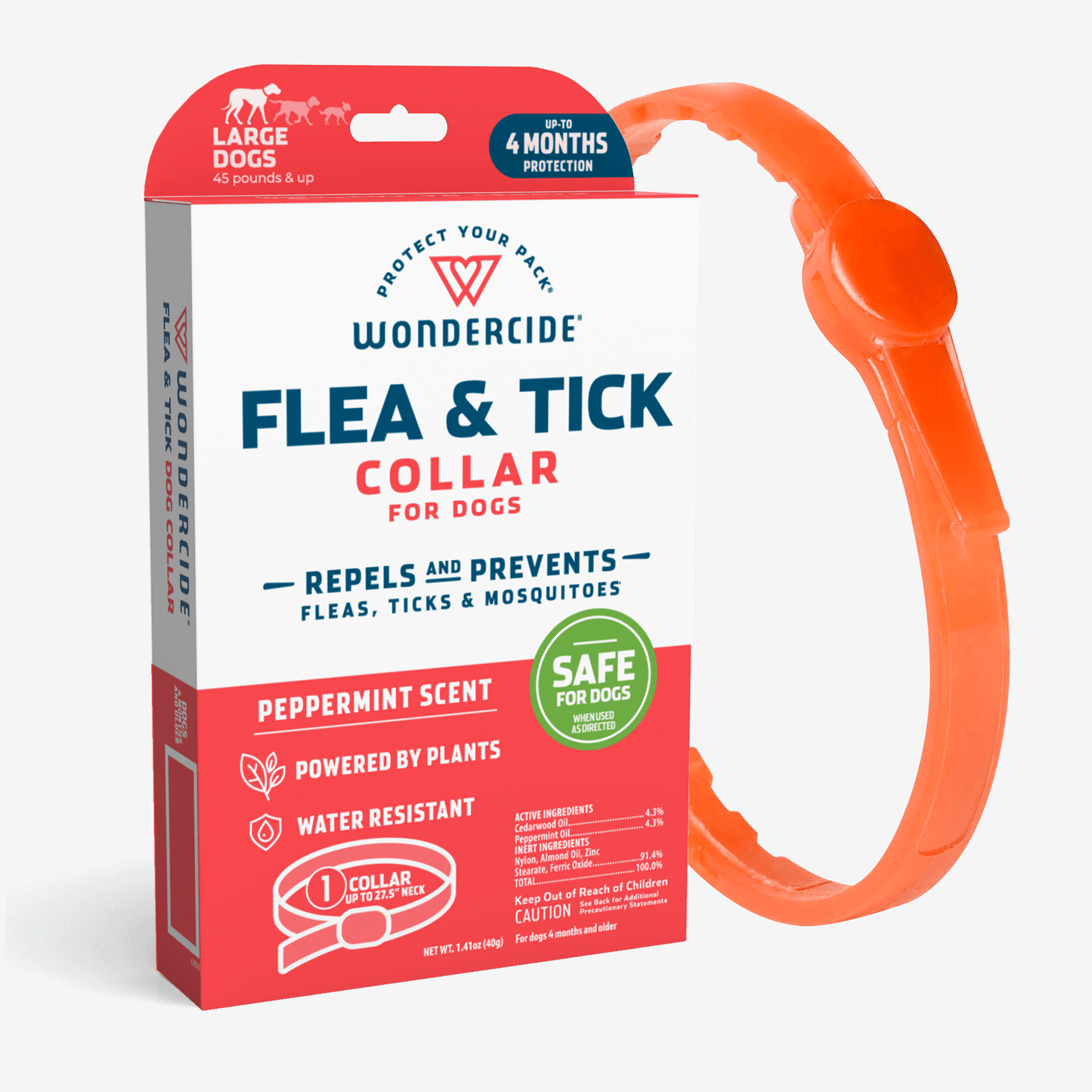 The Wondercide Flea & Tick Collar for large dogs provides robust flea and tick protection with a peppermint scent, featuring plant-based ingredients, water resistance, and a four-month lifespan. This orange collar also acts as an effective mosquito repellent.