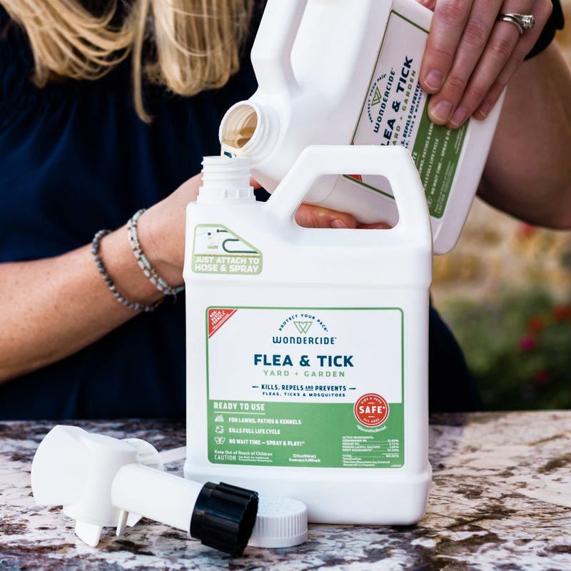 Someone pours liquid from one bottle of Wondercide Flea & Tick Concentrate for Yard + Garden - 128 oz into another, with a spray nozzle attachment on the counter, ready for convenient pest control.
