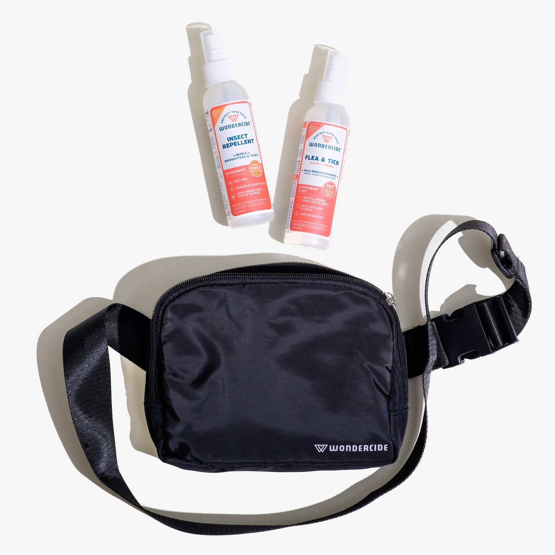 The Wondercide Peppermint Travel Kit features a black sling bag and two white bottles of bug sprays for pets and people, displayed on a white background.