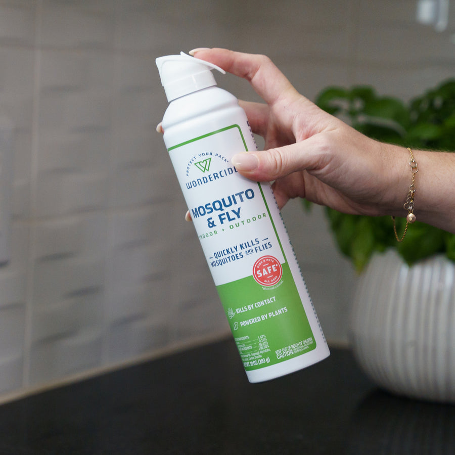 A hand holds a can of Wondercide Mosquito & Fly for Indoor + Outdoor spray, with a green plant in a white pot blurred in the background.