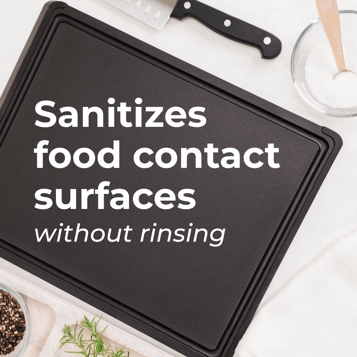 Sanitizes food contact surfaces without rinsing