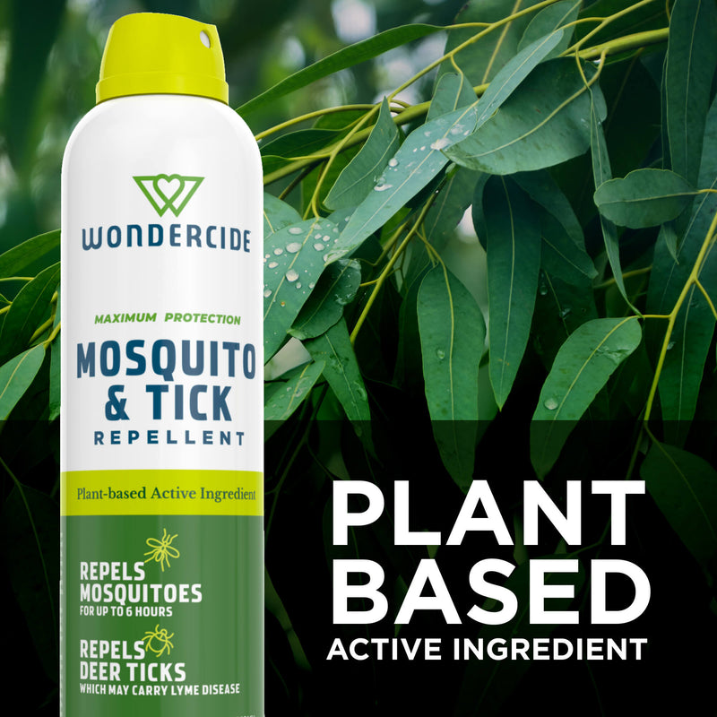 A can of Wondercide Mosquito & Tick Repellent standing against a background of green eucalyptus leaves. The can is white with a bright yellow cap and a green lower section.
