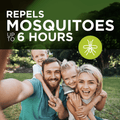 A family taking a selfie outdoors in a grassy park, with large text at the top reading 'REPELS MOSQUITOES UP TO 6 HOURS' and a green mosquito icon on a dark green background.