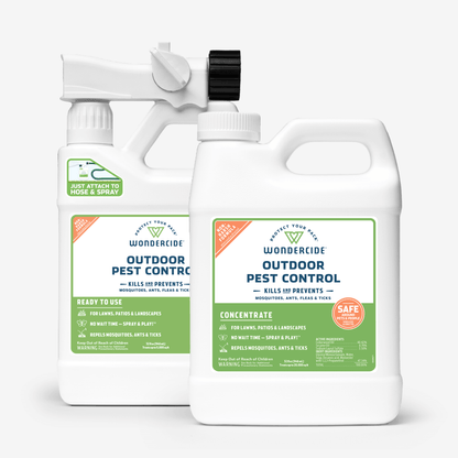 Two bottles of Wondercide Mosquito Yard Spray Refill Starter Kit with Natural Essential Oils: a Ready to Use yard spray with hose attachment and a plant-powered Concentrate, both claiming to kill and prevent pests like mosquitoes, ants, fleas, and ticks.