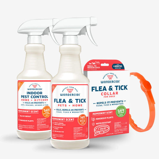 The Peppermint Season Bundle by Fast Bundle includes two peppermint-scented Wondercide sprays for indoor pest and flea & tick control, plus an orange collar for dogs that offers flea and tick protection—perfect for all-around indoor pet care.