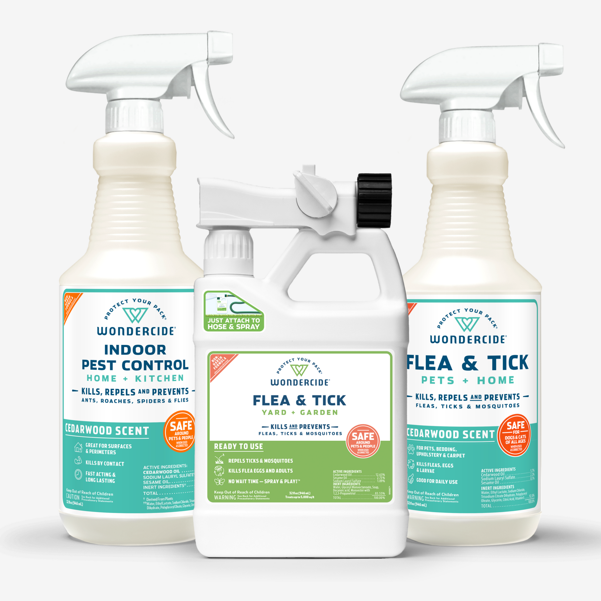 Three Wondercide spray bottles from the Pest Protection Kit with Natural Essential Oils offer ultimate pest protection. Labels include Indoor Pest Control: Home + Kitchen and Flea & Tick: Yard & Garden, all in Cedarwood scent, featuring natural, pet-safe ingredients.