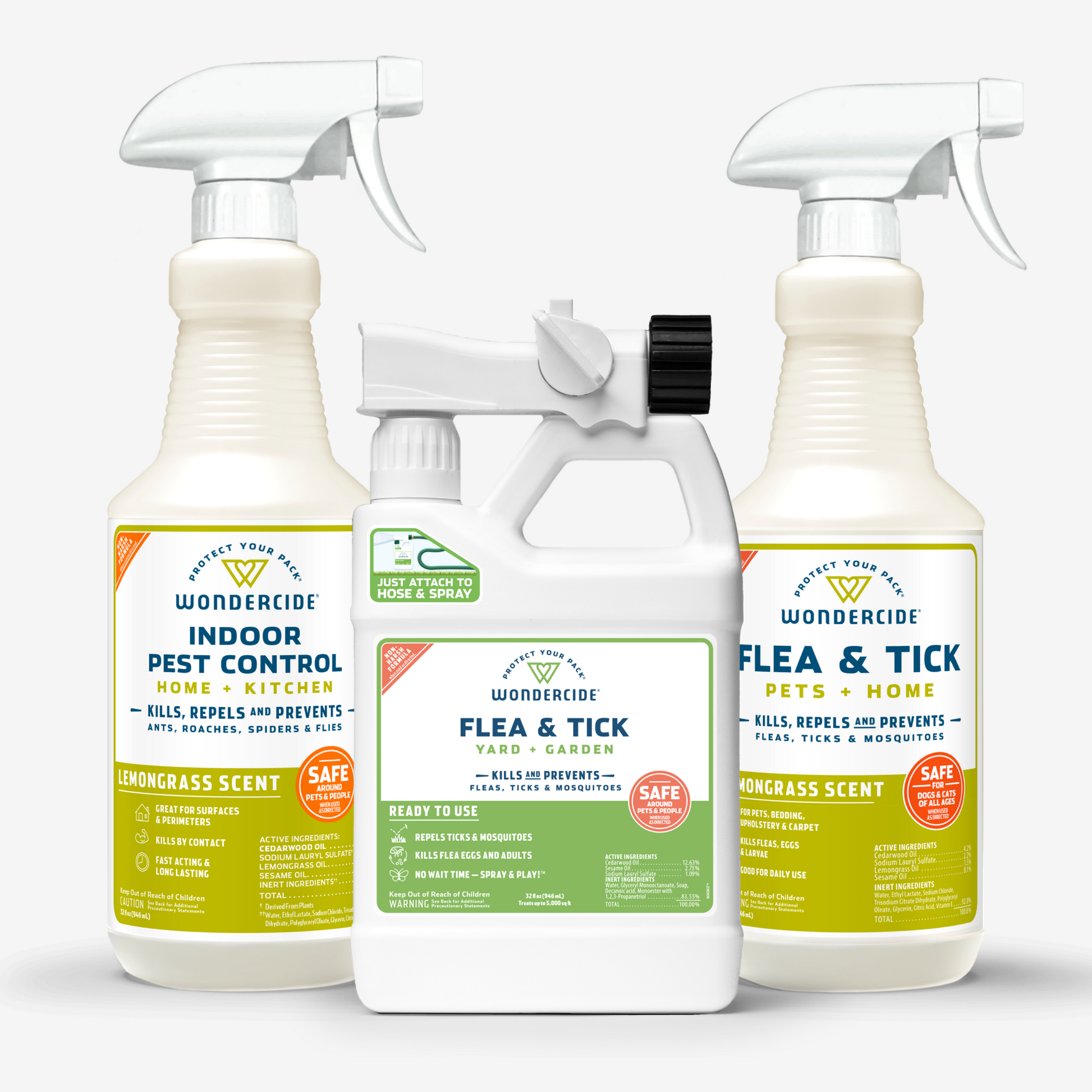 Discover Wondercides Pest Protection Kit with Natural Essential Oils, featuring Indoor Pest Control with a refreshing lemongrass scent, Flea & Tick Spray for home and pets, and a yard/garden treatment. Each ready-to-use bottle includes essential safety and usage information.