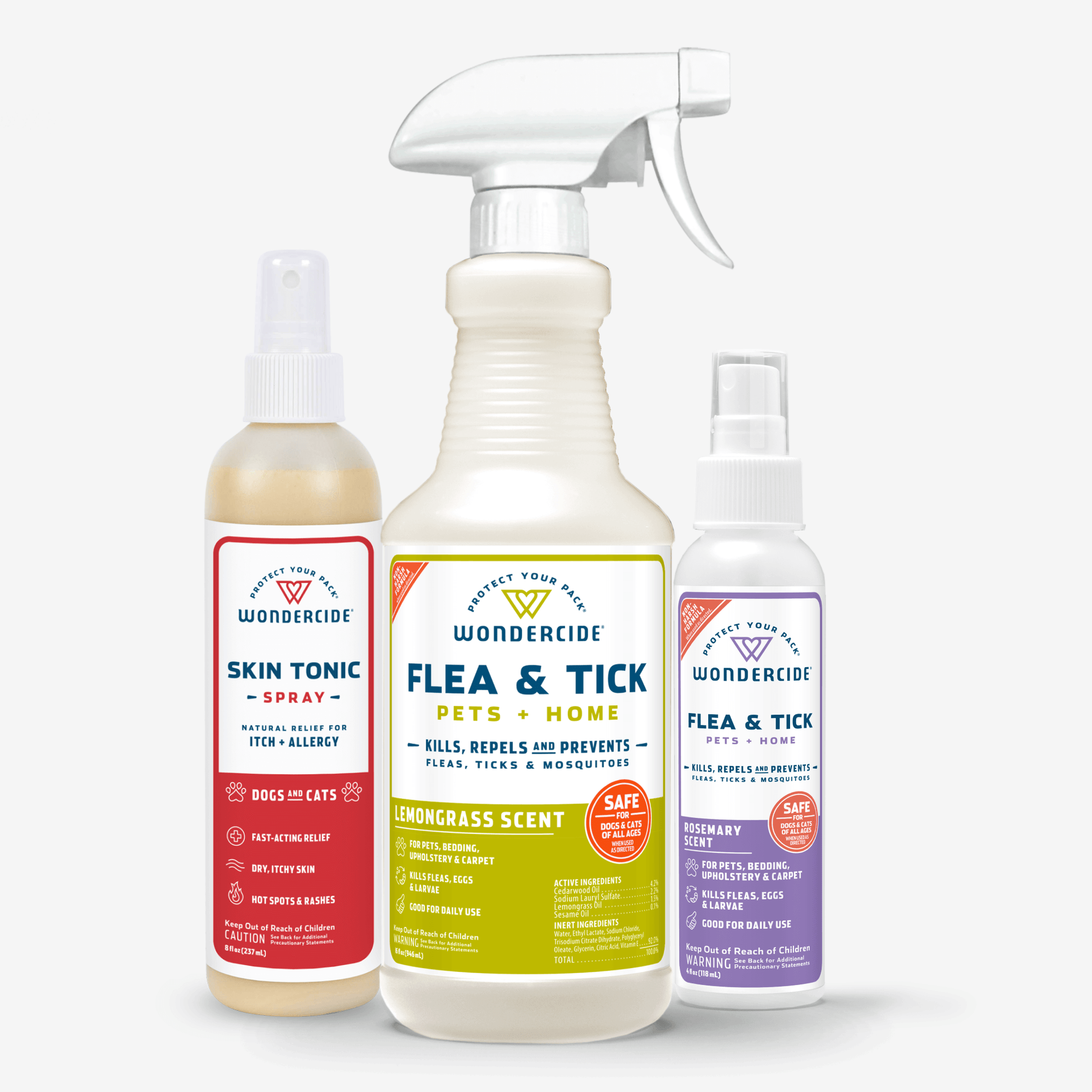 Three Wondercide Pet Parent Pack bottles from the Shark Tank Bundle with Natural Essential Oils are displayed: Skin Tonic Spray, Flea & Tick Pets + Home Spray (Lemongrass), and Flea & Tick Pets + Home Spray (Rosemary) for natural pet protection.