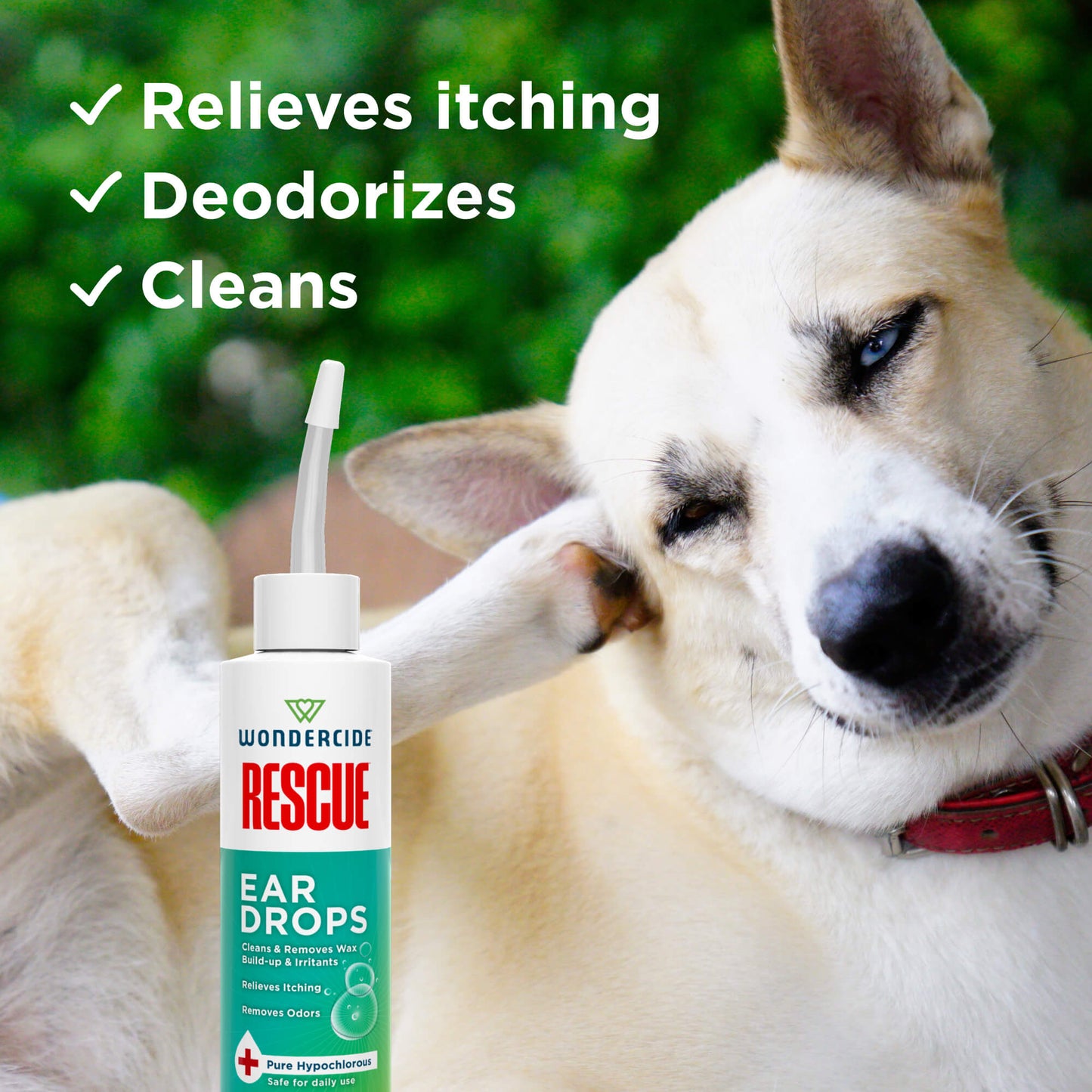 A dog scratches its ear near a bottle of Wondercide RESCUE™ Ear Drops for Dogs & Cats. Text on the image reads: Relieves itching, Deodorizes, Cleans. Hypochlorous formula supports gentle wax removal.