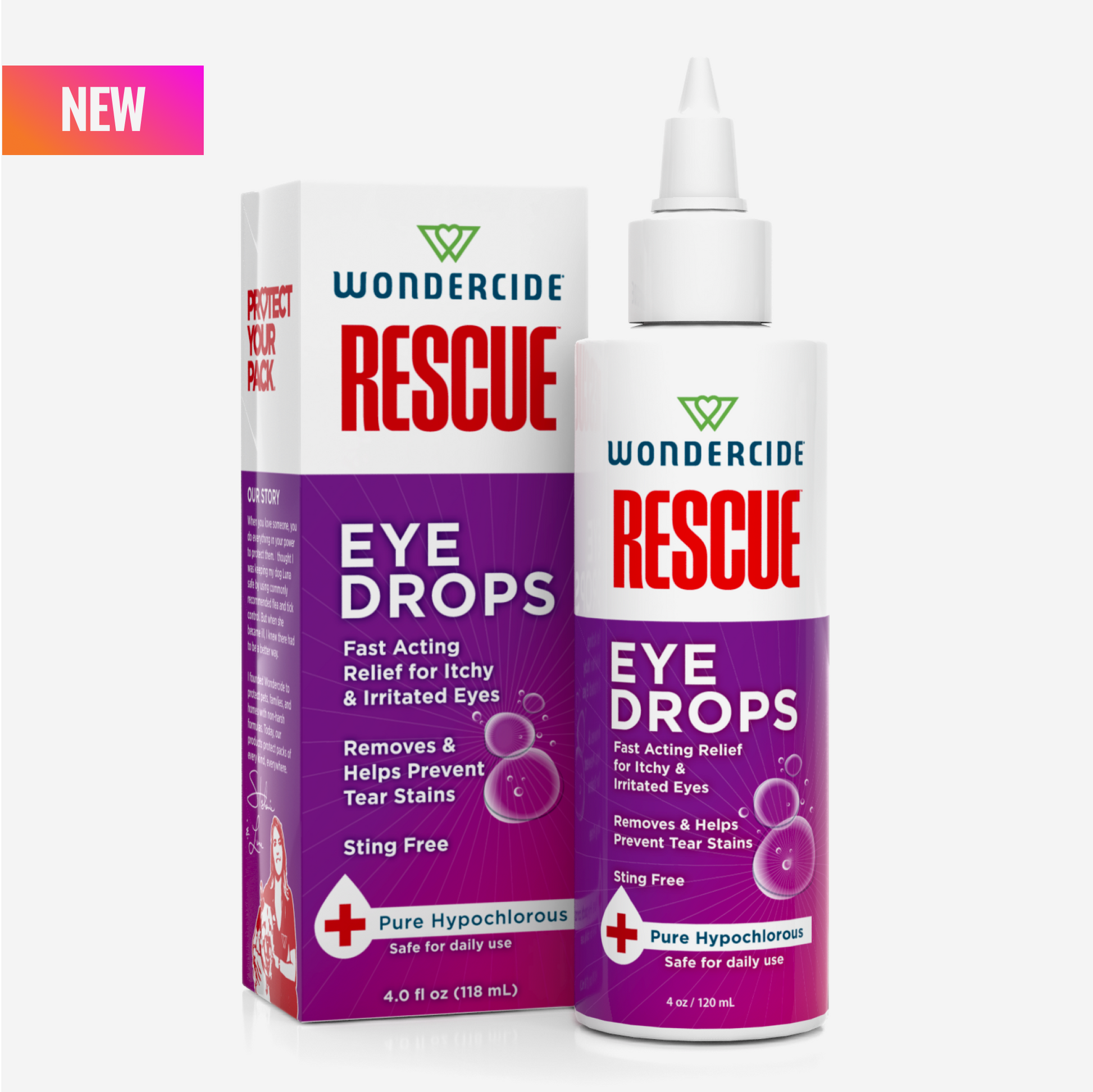 A white bottle and box of Wondercide RESCUE™ Eye Drops for Dogs & Cats feature a purple and white design, product details, and a label highlighting pure hypochlorous solution for itchy, irritated, or sensitive eyes.