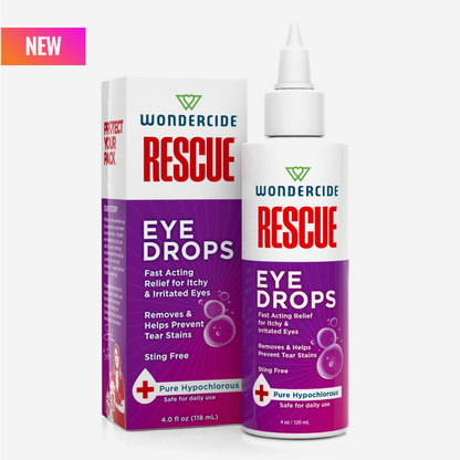A white bottle and box of Wondercide RESCUE™ Eye Drops for Dogs & Cats feature a purple and white design, product details, and a label highlighting pure hypochlorous solution for itchy, irritated, or sensitive eyes.