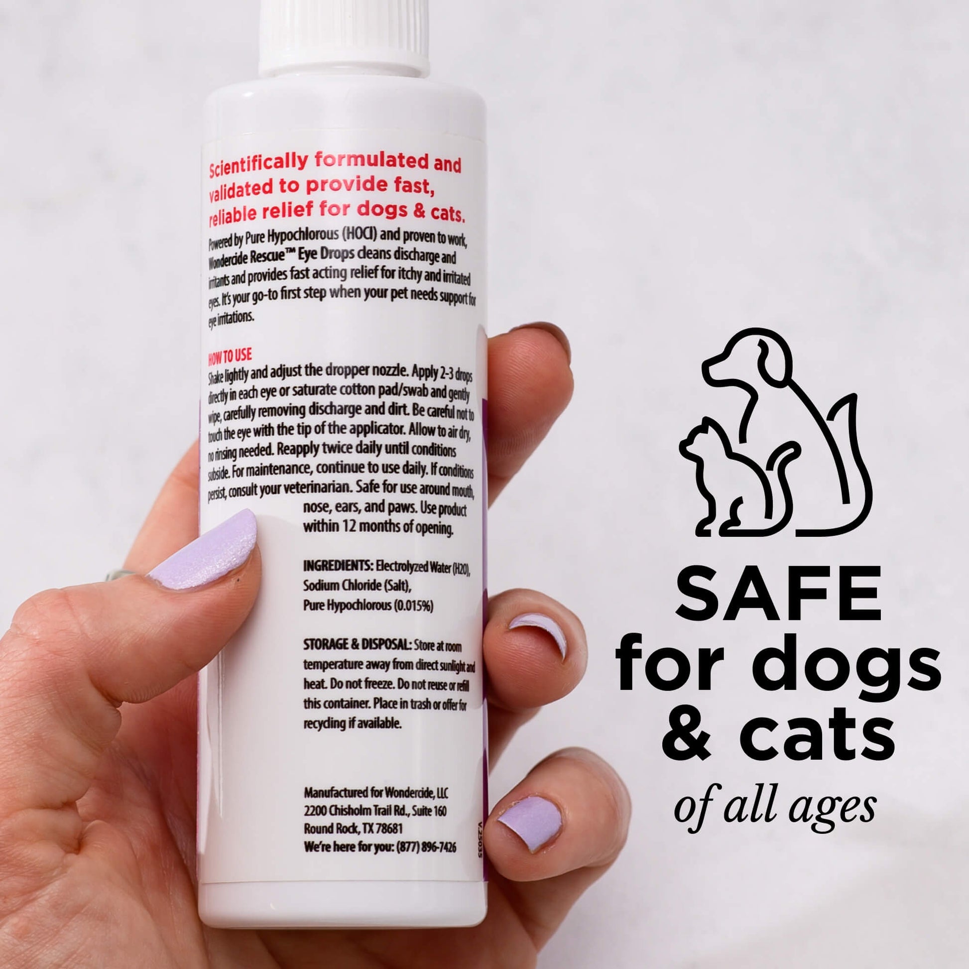 A hand holds a white bottle labeled Wondercide RESCUE™ Eye Drops for Dogs & Cats. Beside it, black outlines of a dog and cat are above “SAFE for dogs & cats of all ages” on a light background.