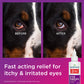 A split image shows a dogs eye before and after using Wondercide RESCUE™ Eye Drops for Dogs & Cats, with visible relief from itchiness and irritation. Text reads: Fast-acting relief for happier, healthier pet eyes.