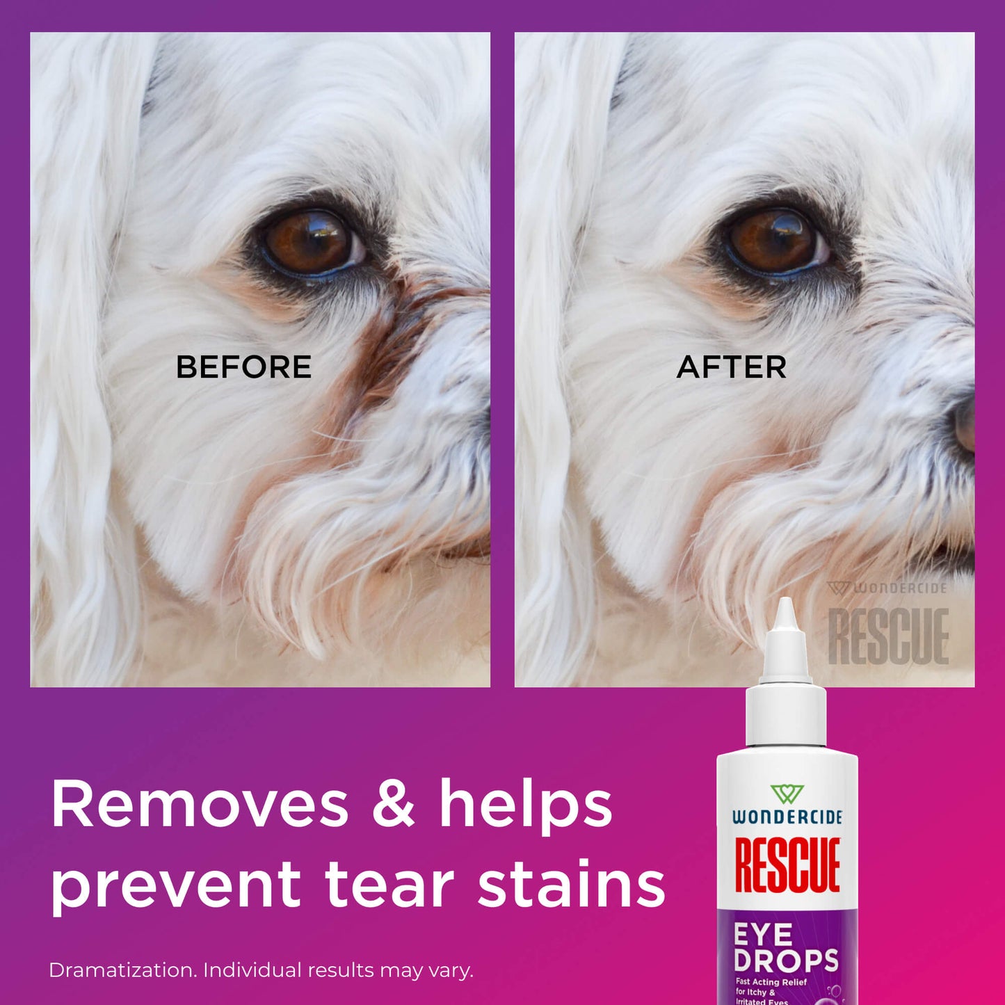 Close-up of a white dogs face with before and after images showing fewer tear stains and relief from eye irritation. Text: Removes & helps prevent tear stains. A bottle labeled Wondercide RESCUE™ Eye Drops for Dogs & Cats is shown.