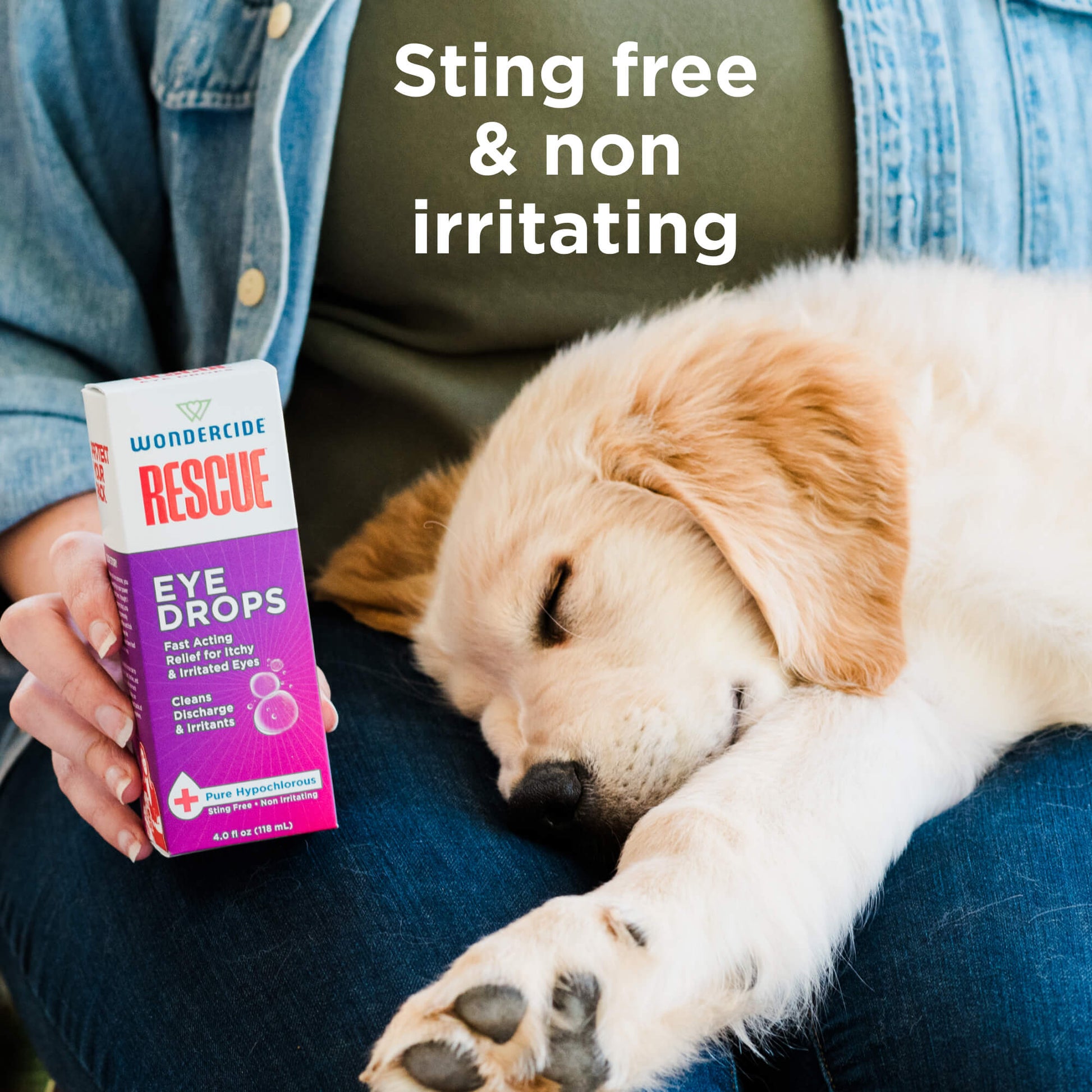 A person holds a box of Wondercide RESCUE™ Eye Drops for Dogs & Cats next to a sleeping golden retriever puppy. Text above reads, Sting free & non-irritating—soothing relief for itchy, irritated eyes.