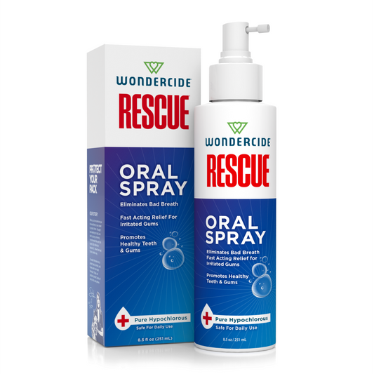 A blue and white bottle of Wondercide RESCUE™ Oral Spray for Dogs & Cats stands next to its box, with a label highlighting benefits like fresh breath, soothed gums, and daily-use safety thanks to pure hypochlorous.