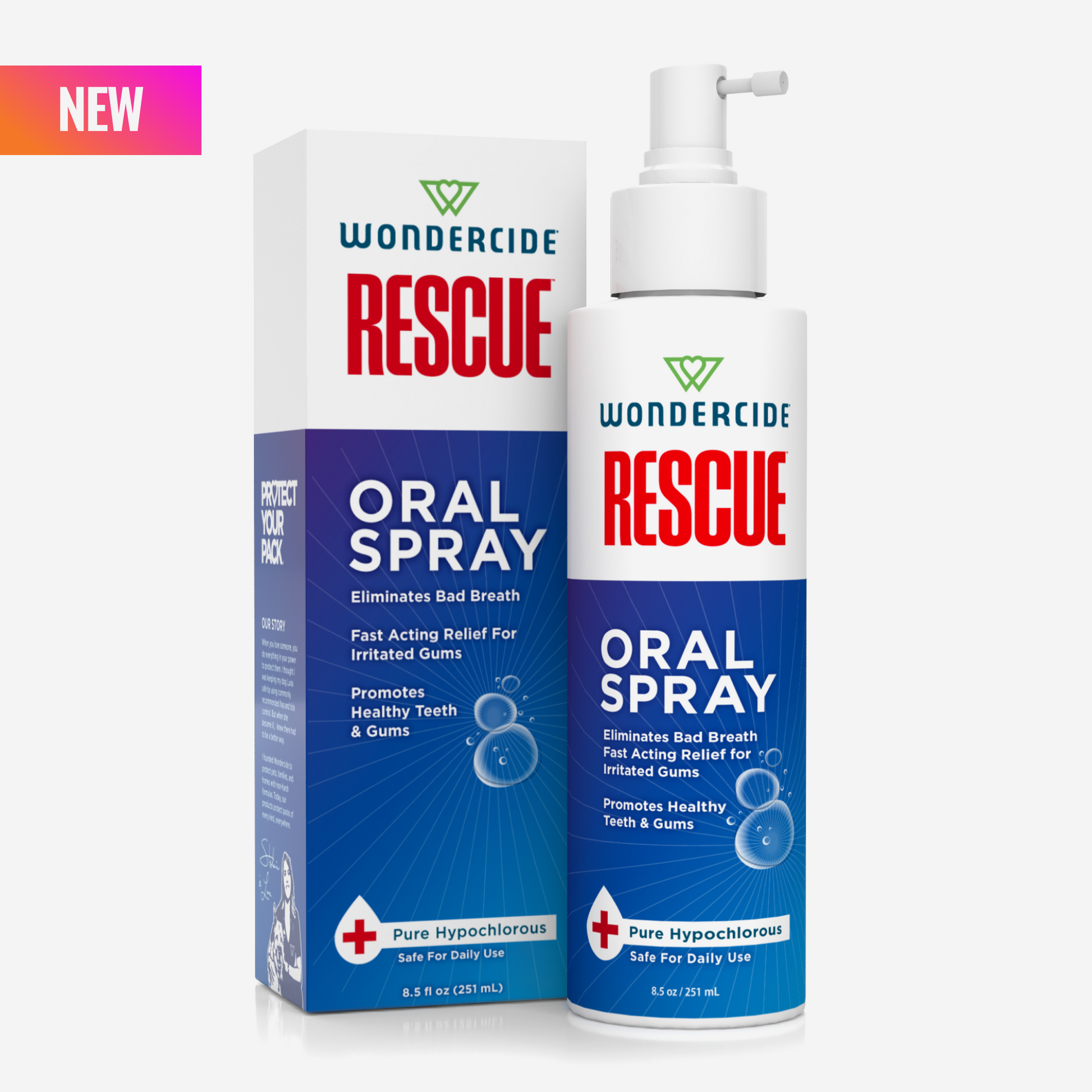 A blue and white bottle labeled Wondercide RESCUE™ Oral Spray for Dogs & Cats stands before its matching box. The oral spray uses pure hypochlorous to freshen breath and support healthy teeth and gums. A pink NEW label is at the top left corner.