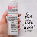 A hand holds a bottle of Wondercide RESCUE™ Oral Spray, an alcohol-free pet care product. Text describes usage and ingredients. Beside it, a graphic shows a dog and cat with: “SAFE for dogs & cats of all ages. Perfect for daily oral care.”.