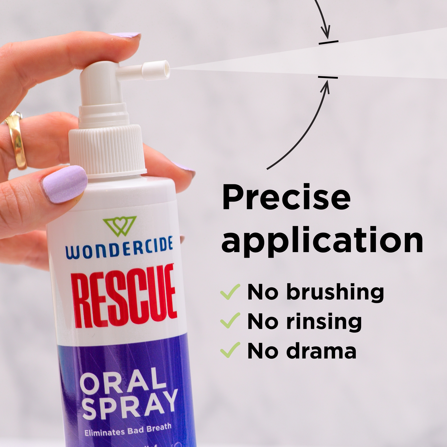 A hand sprays Wondercide RESCUE™ Oral Spray for Dogs & Cats, releasing a fine mist. Text: Precise application. Alcohol-free. No brushing, no rinsing, no drama. The product claims to eliminate bad breath.