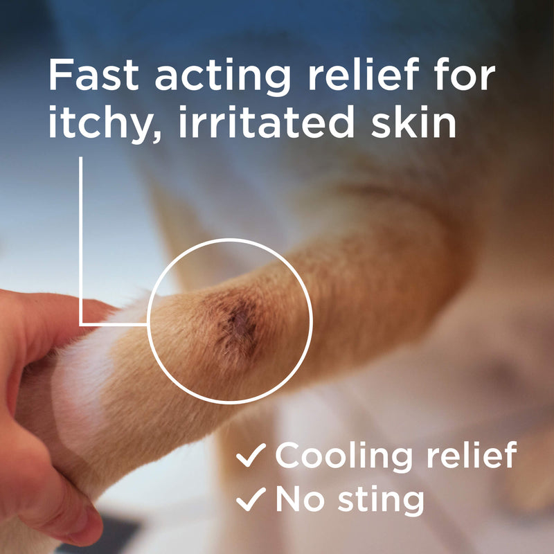 A hand holds a dog's leg, showing irritated skin. Text: Fast-acting relief for irritated skin with Wondercide RESCUE™ Skin Spray—safe for sensitive areas. Cooling, no-sting formula. White graphics highlight the affected area.