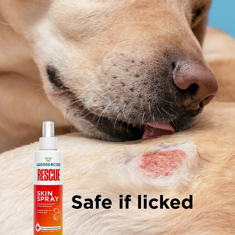 A dog licks a red, irritated skin spot with a bottle of Wondercide RESCUE™ Skin Spray by Wondercide in the foreground. Text reads: Safe if licked and safe for sensitive areas.