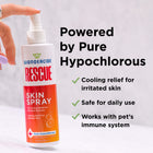 A hand holds a bottle of Wondercide RESCUE™ Skin Spray. Text notes cooling relief for irritated skin, safe for sensitive areas, powered by pure hypochlorous, and supports your pet’s immune system—ideal for daily care.