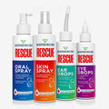 Four white bottles of Wondercide RESCUE™ Pet Wellness are arranged side by side, each with a colored label and medical cross, containing oral spray, skin spray, ear drops, and eye drops from Wondercide.