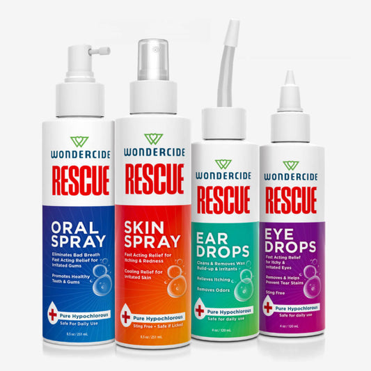 Four bottles of Wondercide RESCUE™ Pet Wellness—Oral Spray, Skin Spray, Ear Drops, and Eye Drops—each labeled with uses and color-coded medical-style crosses on white backgrounds.