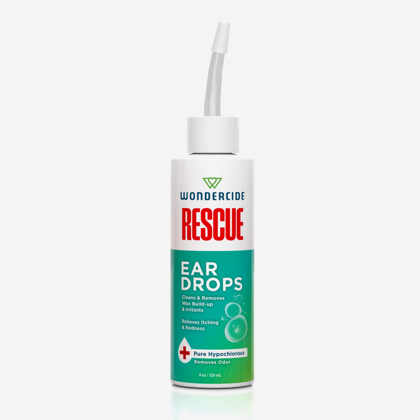 A bottle of Wondercide RESCUE™ Ear Drops with a white nozzle, green and red label, promotes effective wax removal, itch relief, and gentle ear care with pure hypochlorous.