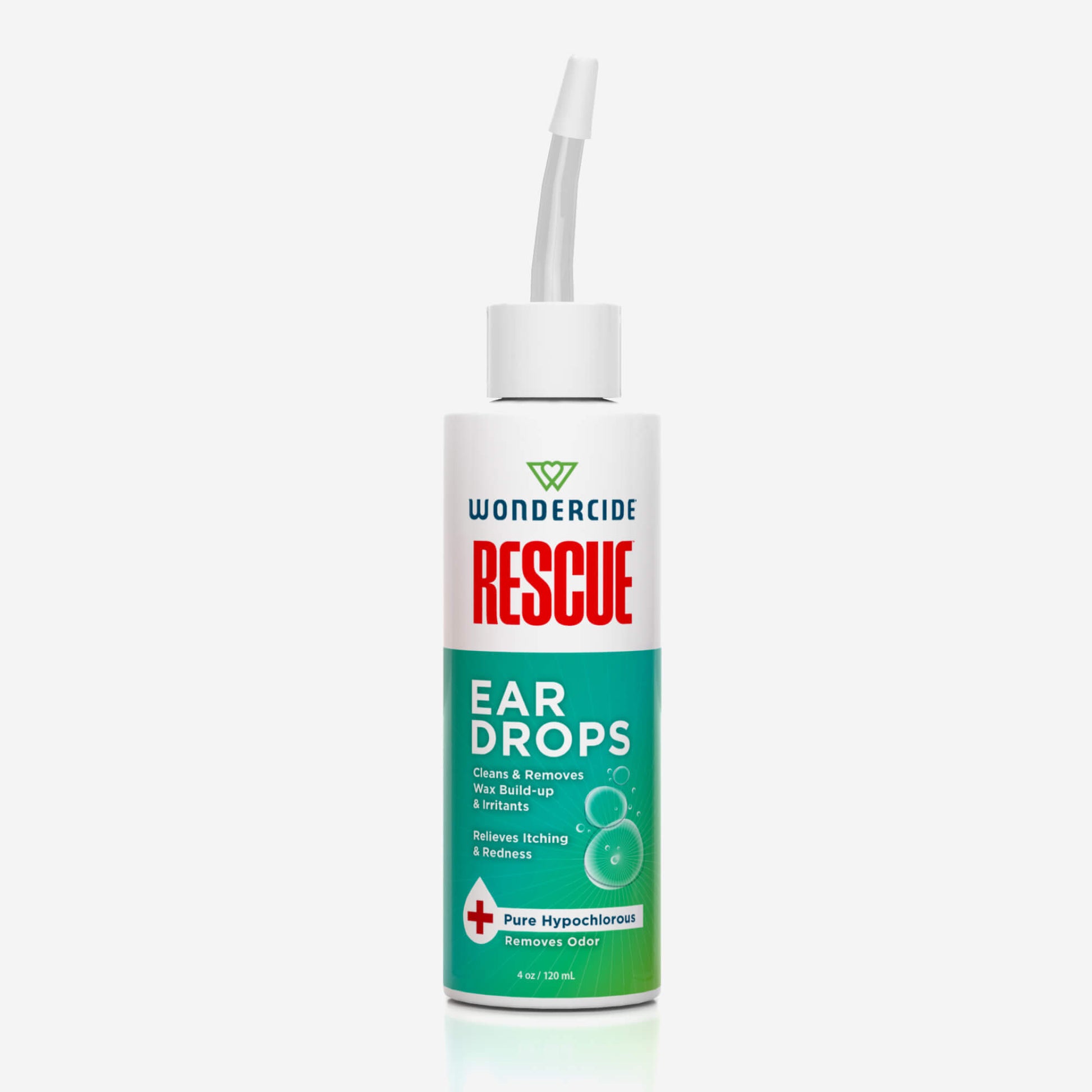 A bottle of Wondercide RESCUE™ Ear Drops with a white nozzle, green and red label, promotes effective wax removal, itch relief, and gentle ear care with pure hypochlorous.