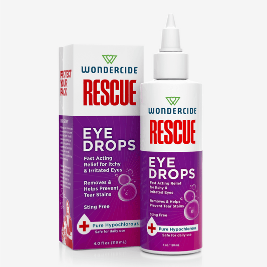 A bottle and box of Wondercide RESCUE™ Eye Drops for Dogs & Cats, in purple and white packaging with red and teal text, featuring Hypochlorous formula for eye irritation relief, itchy eyes, and tear stain prevention.
