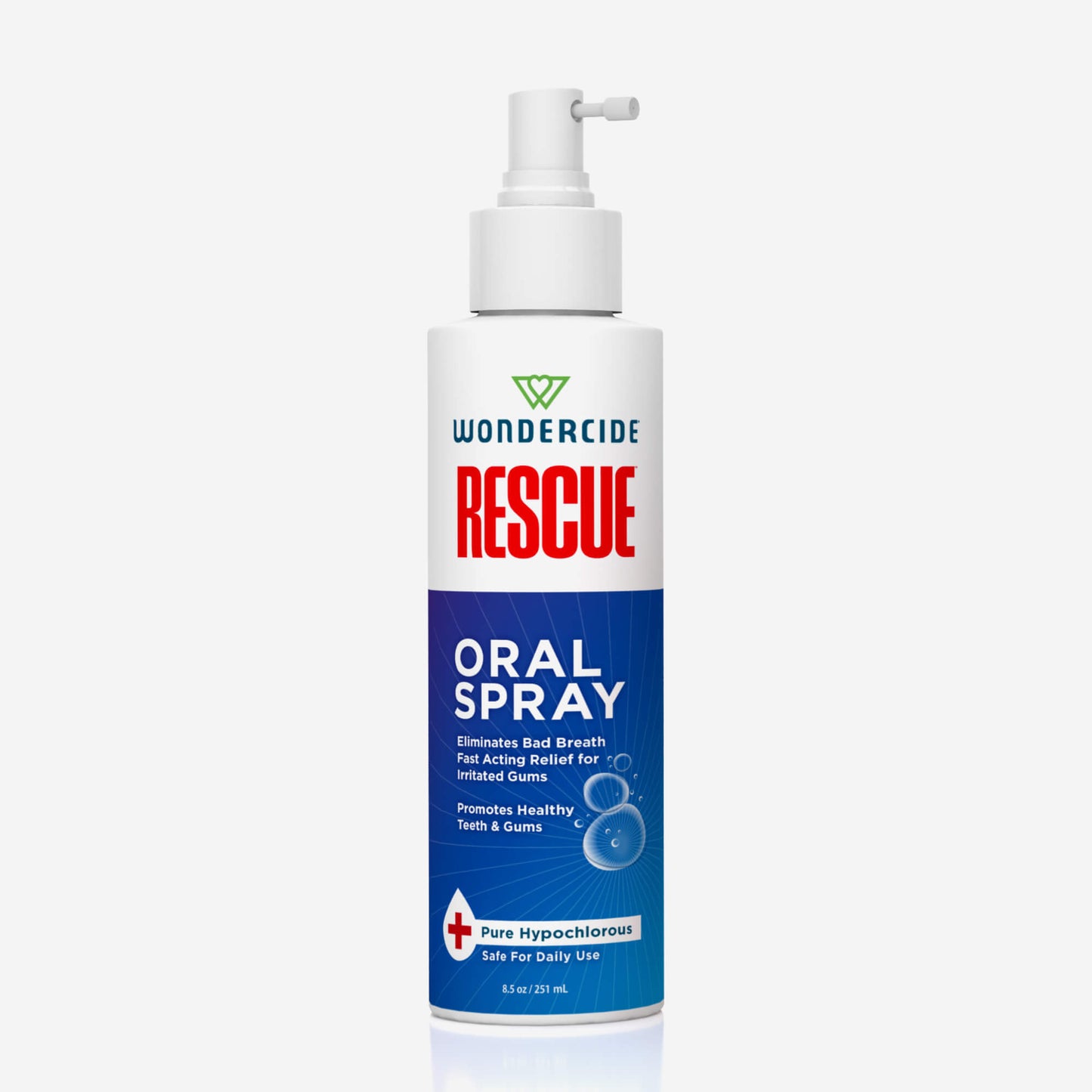 A bottle of Wondercide RESCUE™ Oral Spray with a pump dispenser and blue-white label offers relief for irritated gums, soothes mouth irritations, eliminates bad breath, and is safe for daily use.