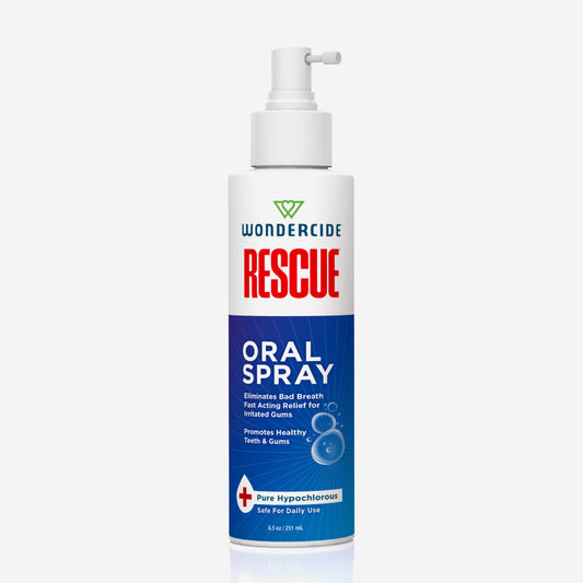 A bottle of Wondercide RESCUE™ Oral Spray with a pump dispenser and blue-white label offers relief for irritated gums, soothes mouth irritations, eliminates bad breath, and is safe for daily use.