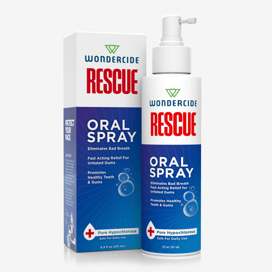 A blue and white bottle of Wondercide RESCUE™ Oral Spray for Dogs & Cats stands by its matching box, both labeled alcohol-free, promoting healthy teeth and gums, eliminating bad breath, and made with pure hypochlorous.