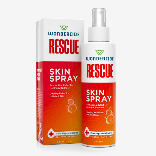 Wondercide RESCUE™ Skin Spray for Dogs & Cats, in red and white packaging, provides fast-acting relief from itching and redness with pure hypochlorous, specially formulated to soothe irritated skin.