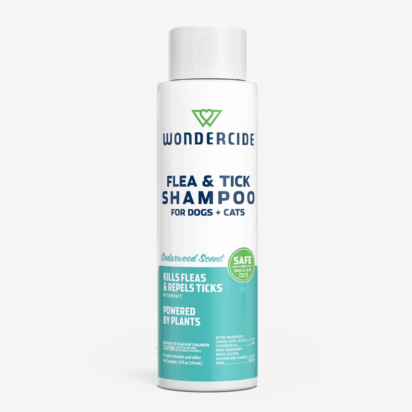 A white bottle of Wondercide Flea & Tick Shampoo for dogs and cats in cedarwood scent, with green and blue text showing it’s powered by plants and acts as a natural tick repellent.