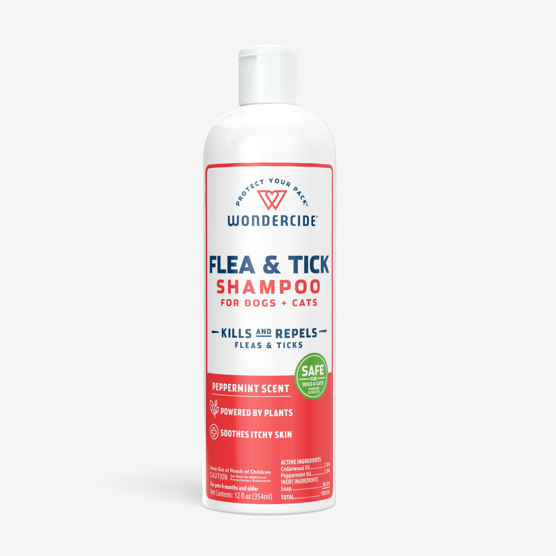 A white bottle of Fast Bundle FTPH & Shampoo for dogs and cats with peppermint scent. Made with natural essential oils, it kills and repels fleas and ticks, soothes itchy skin, and is pet-safe according to the label.