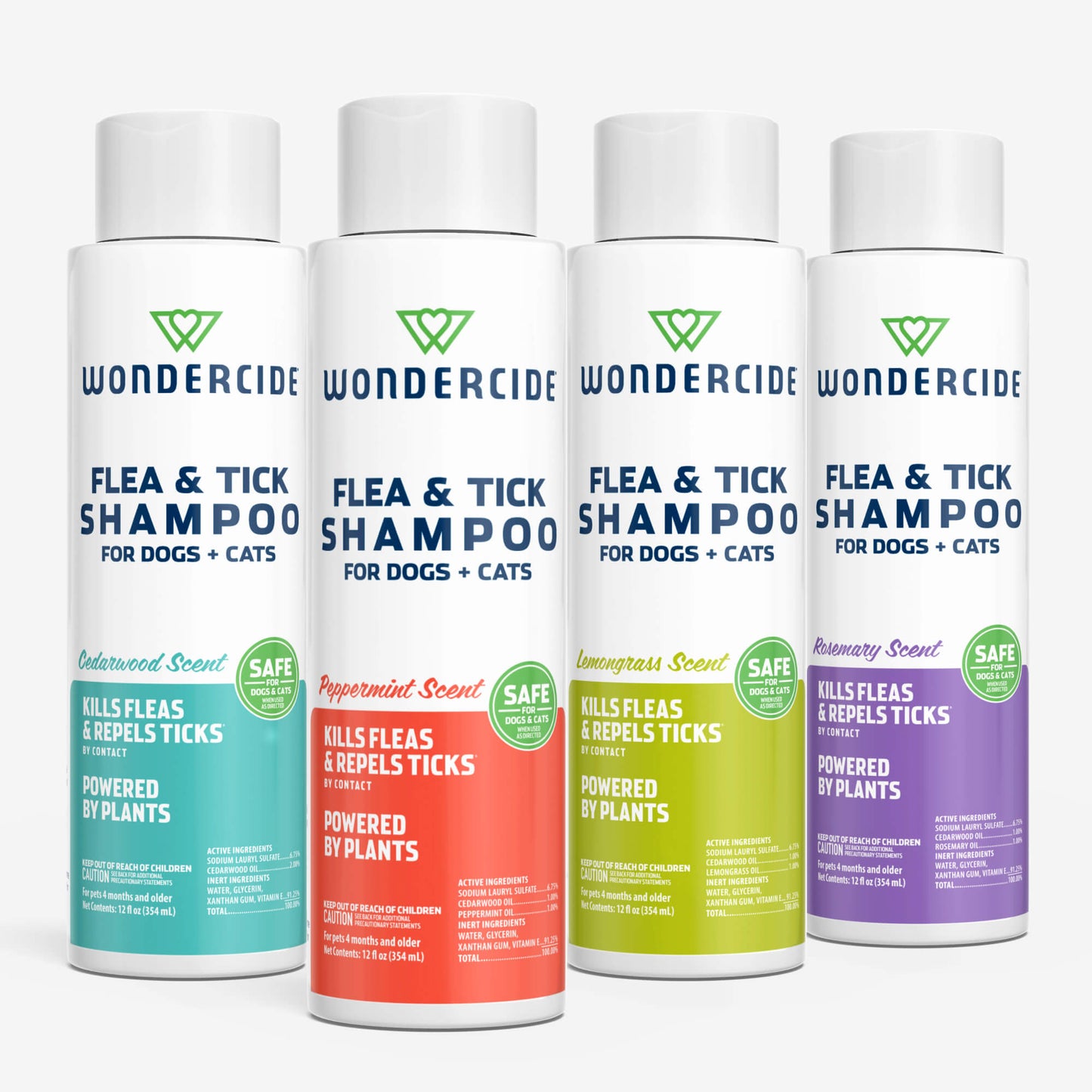 Four bottles of Wondercide Flea & Tick Shampoo are displayed in cedarwood, peppermint, lemongrass, and lavender scents. These white bottles have colorful labels and provide natural protection against fleas and ticks.