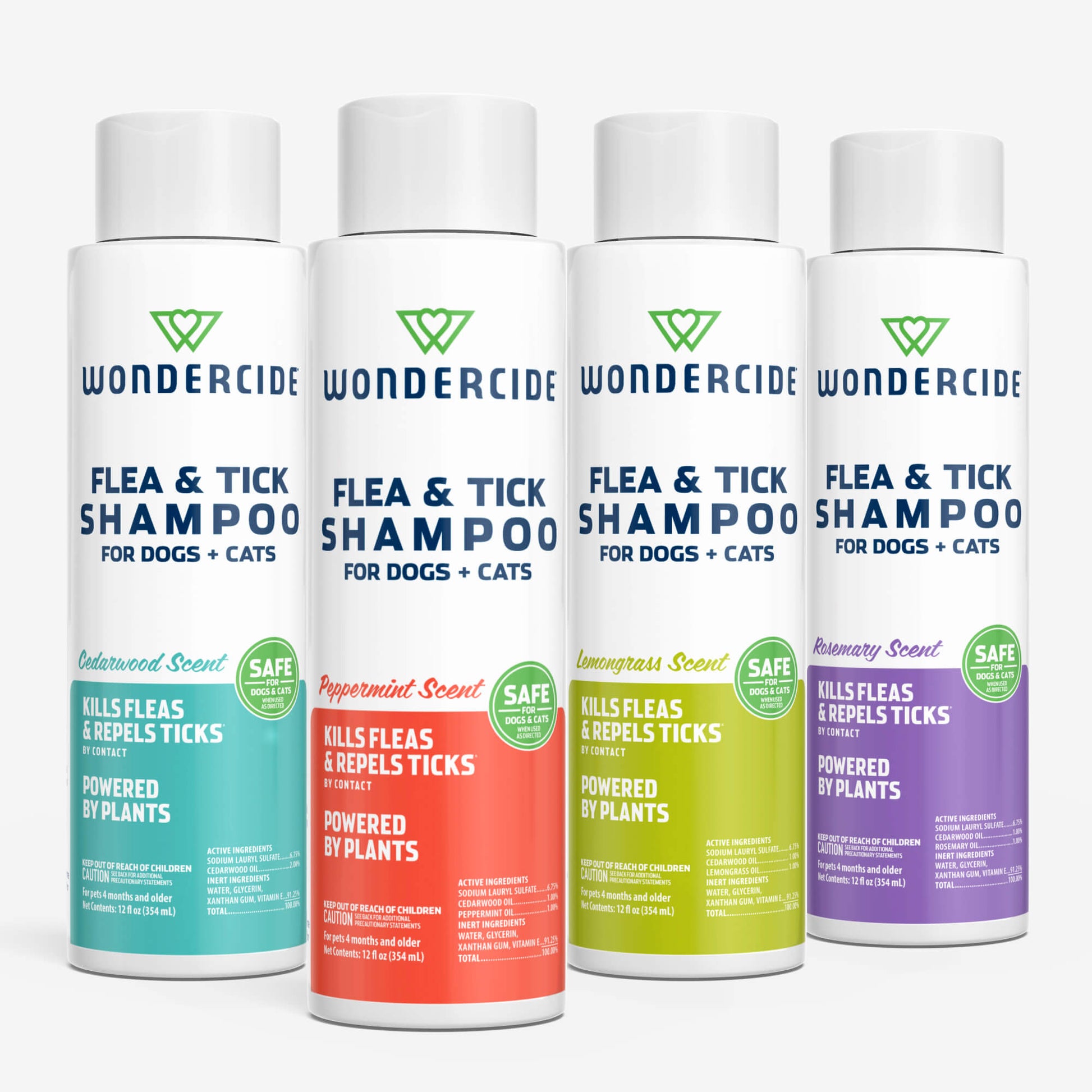 Four bottles of Wondercide Flea & Tick Shampoo are displayed in cedarwood, peppermint, lemongrass, and lavender scents. These white bottles have colorful labels and provide natural protection against fleas and ticks.