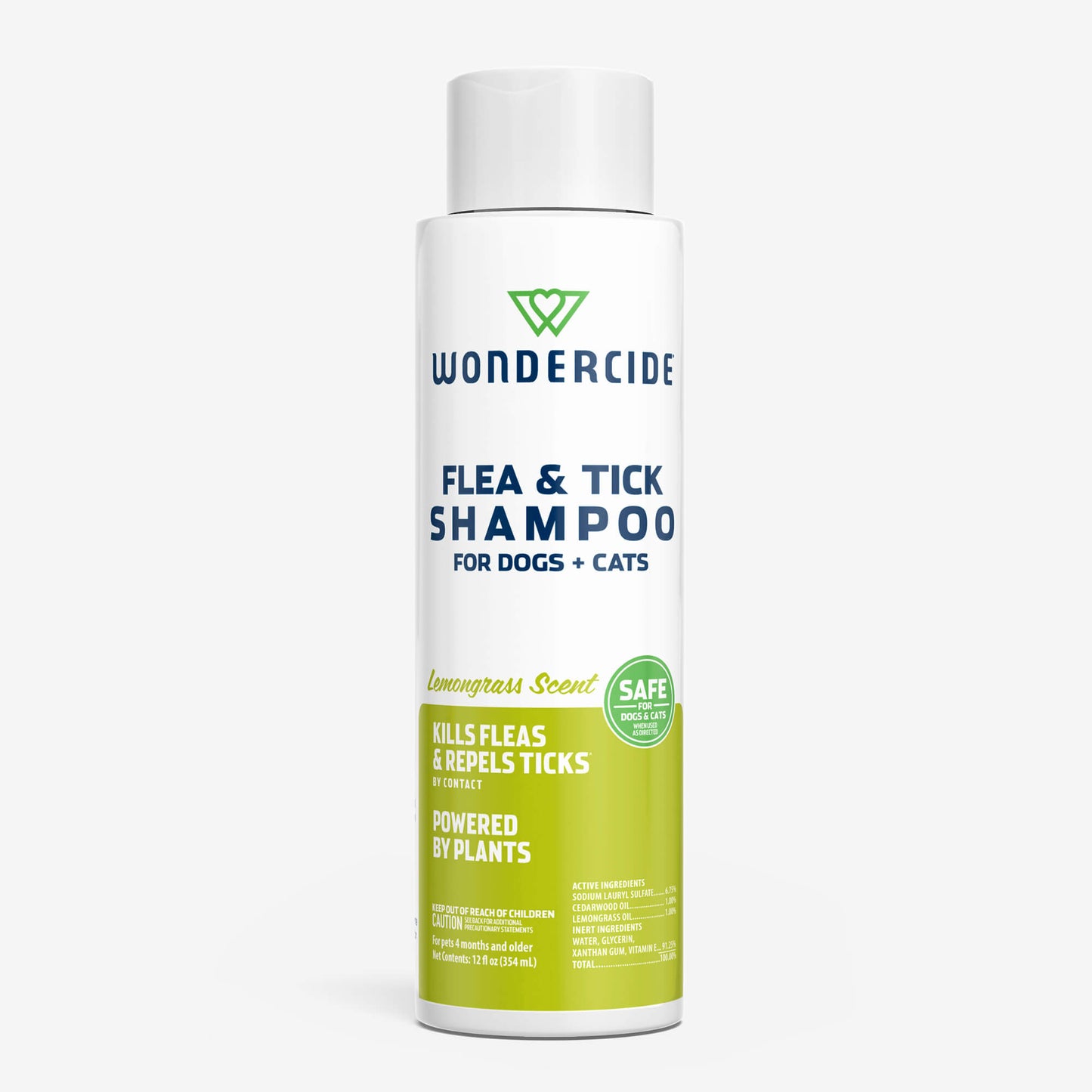 A white bottle of Wondercide Flea & Tick Shampoo for dogs and cats features a green label showcasing its lemongrass scent, plant-based formula, and effective flea shampoo plus tick repellent benefits.