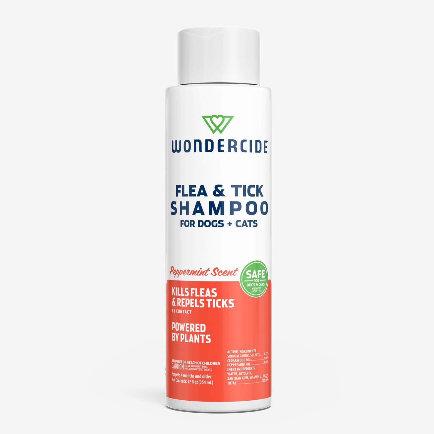 Wondercide Flea & Tick Shampoo for dogs and cats features a peppermint scent, a white and red label, and a plant-powered formula that kills fleas, repels ticks, and is safe for pets.