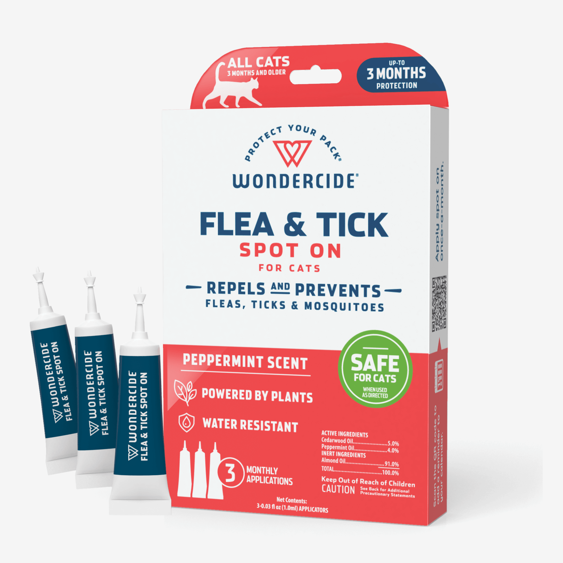The Wondercide Flea & Tick Spot On for Cats offers three months of water-resistant protection with natural essential oils. It includes three application tubes, has a refreshing peppermint scent, repels mosquitoes, and is safe for cats.