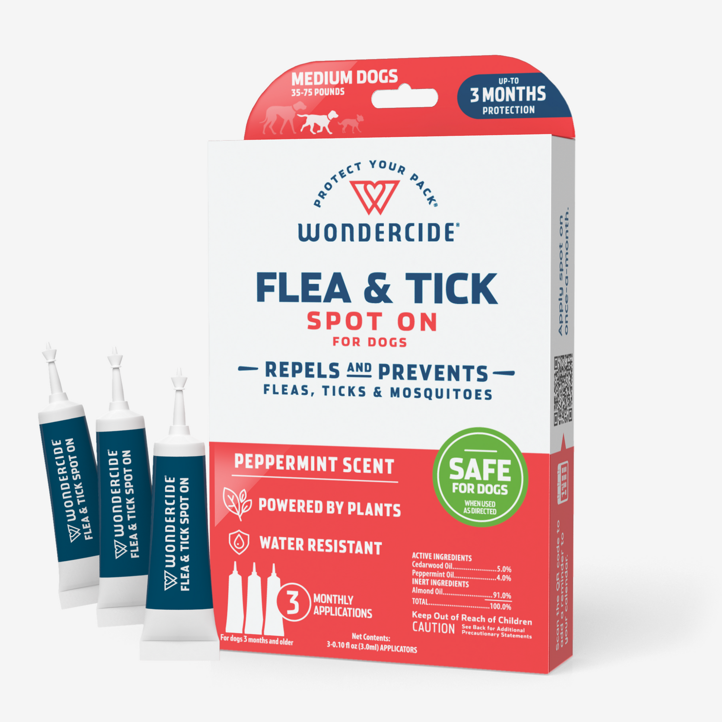 Wondercides Flea & Tick Spot On for Dogs + Cats provides reliable plant-based protection against fleas and ticks with a refreshing peppermint scent. This package includes three tubes, ensuring three months of water-resistant safety for medium dogs.