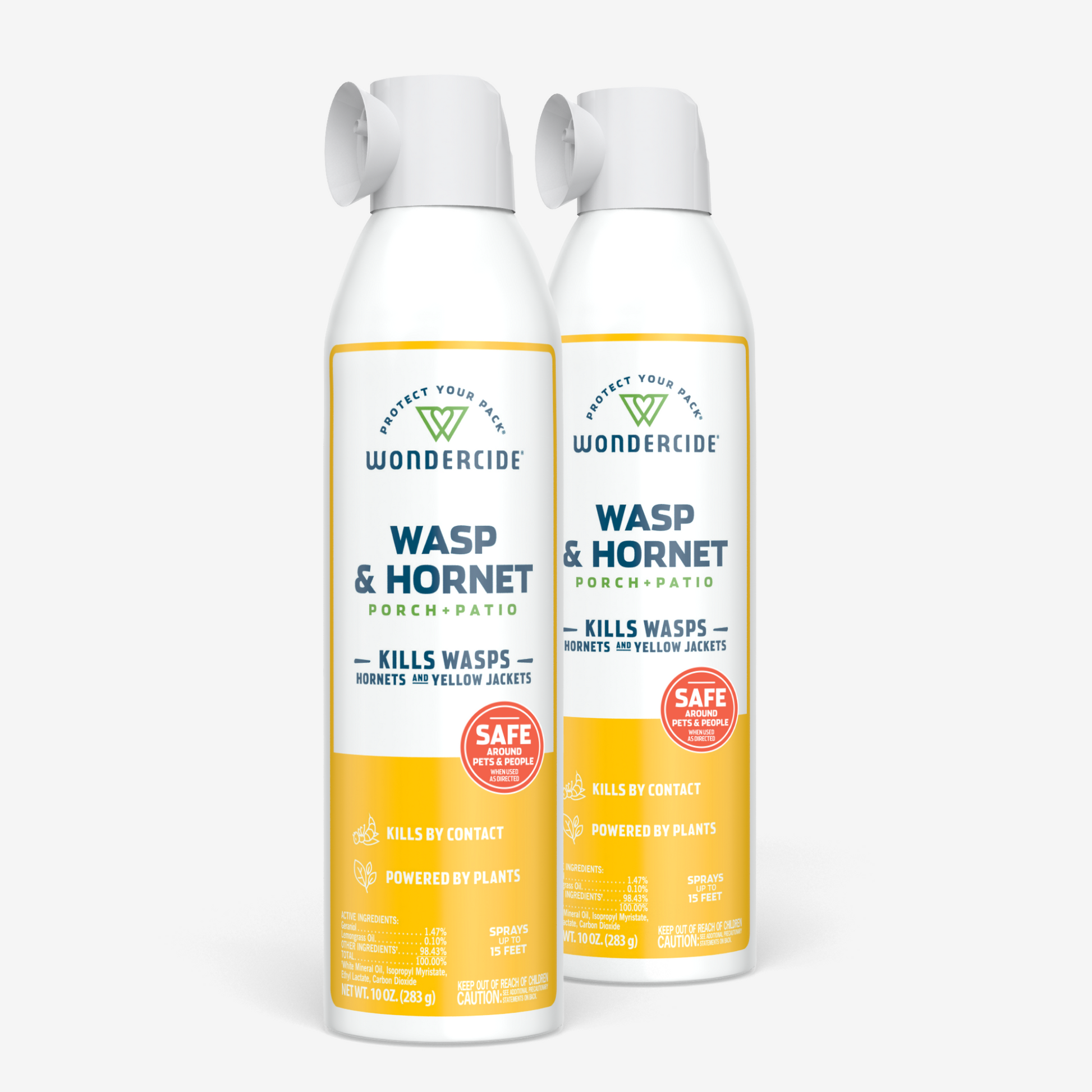Two cans of Wondercides Wasp & Hornet for Porch + Patio spray with Natural Essential Oils are set against a white background. The vibrant yellow, white, and orange design emphasizes their eco-friendly formula and long-range effectiveness in eliminating wasps and hornets.
