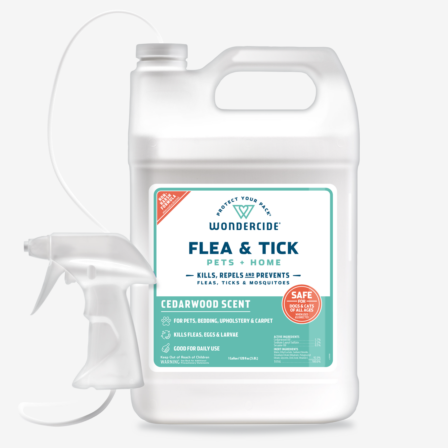 The white Wondercide Cedarwood Flea & Tick Spray for Pets + Home, featuring natural essential oils, kills, repels, and prevents fleas, ticks, and mosquitoes. Safe for pets, bedding, and furniture; it comes with a spray nozzle attachment.