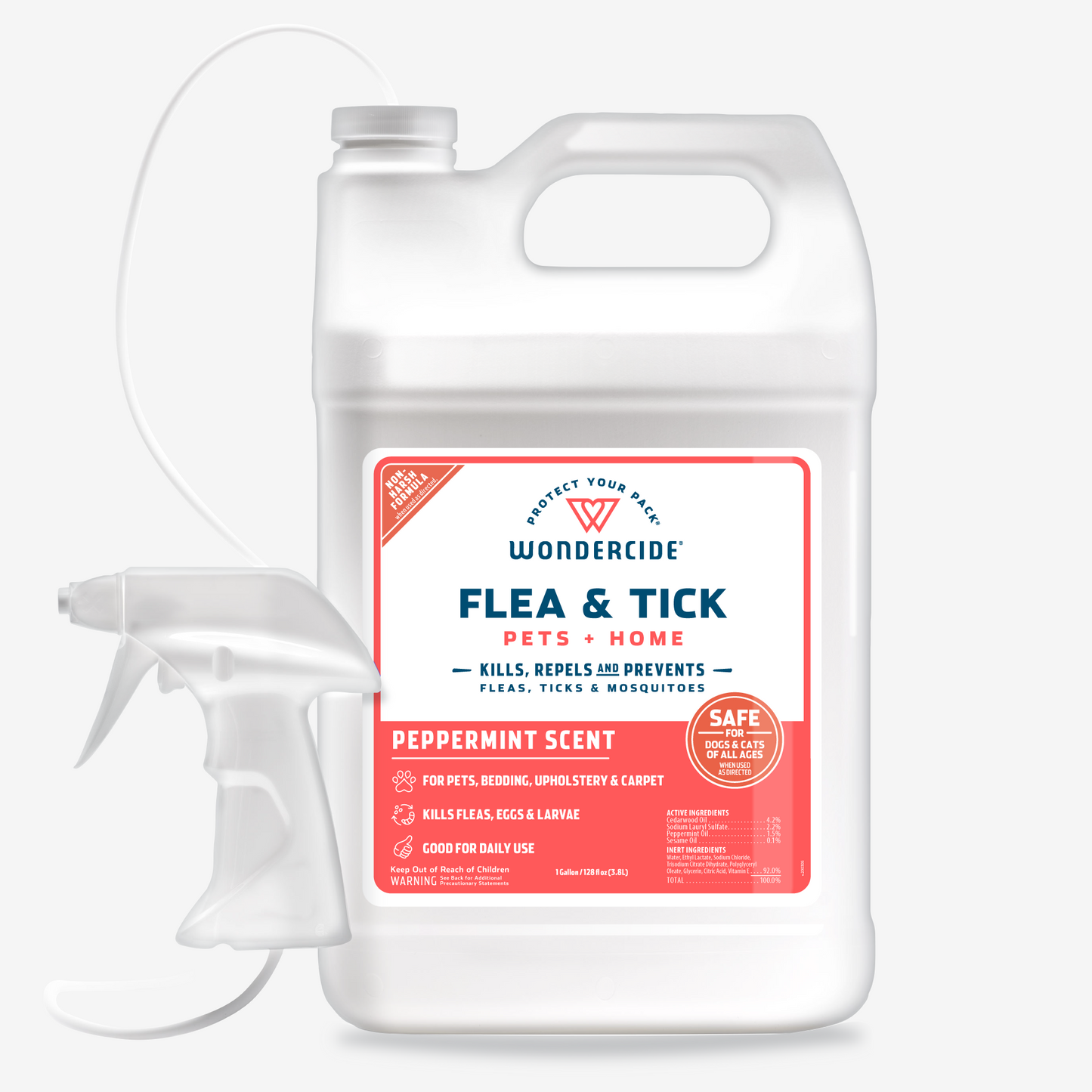 Wondercides Peppermint Flea & Tick Spray for Pets + Home comes in a white gallon container. Featuring a natural plant-powered formula, it effectively kills, repels, and prevents fleas, ticks, and mosquitoes. The refreshing peppermint scent includes an easy-to-use spray nozzle.