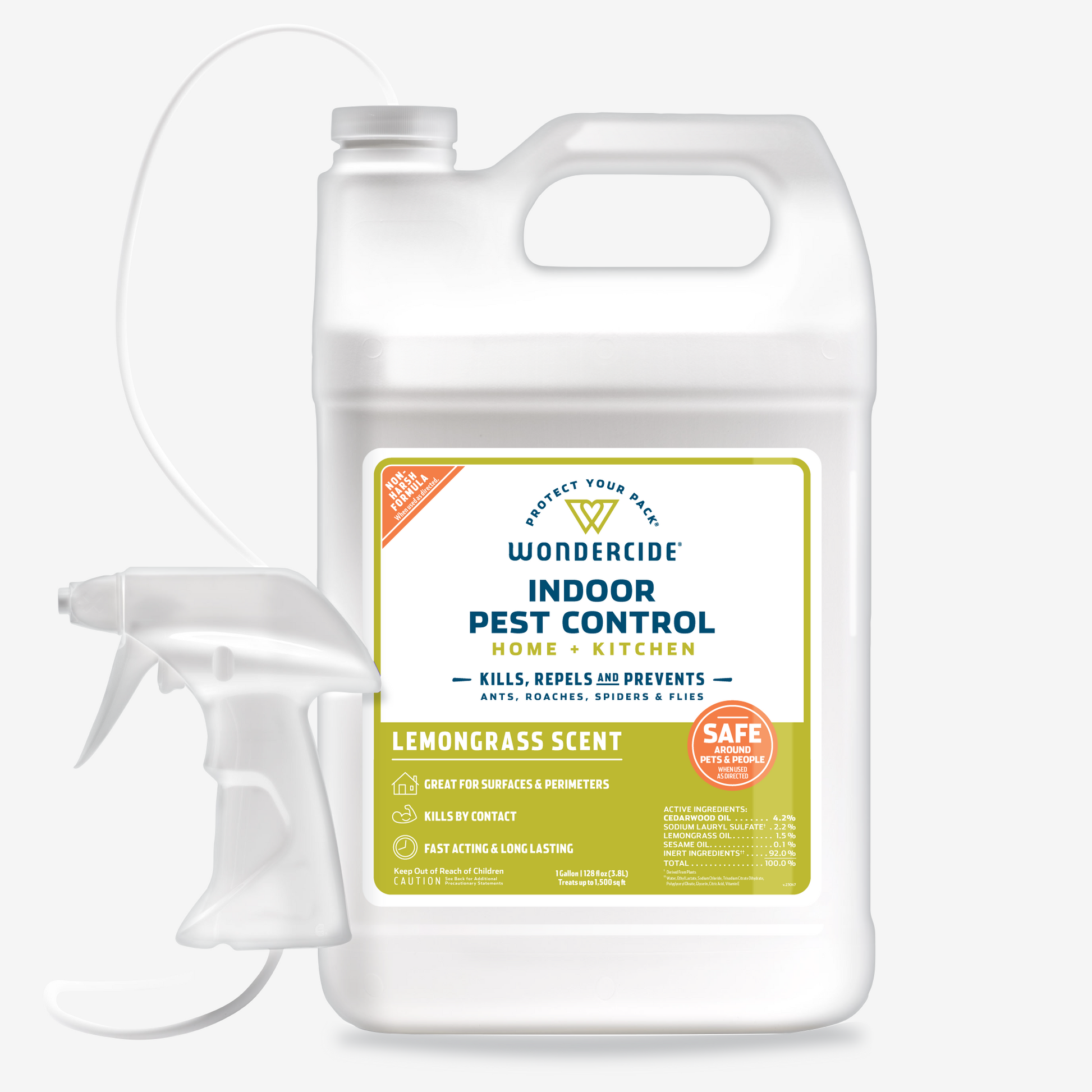 A large white jug labeled Wondercide Lemongrass Indoor Pest Control for Home + Kitchen features a refreshing lemongrass scent, crafted with natural essential oils. It includes a spray nozzle and emphasizes fast action, indoor pest protection, and pet-safe ingredients.