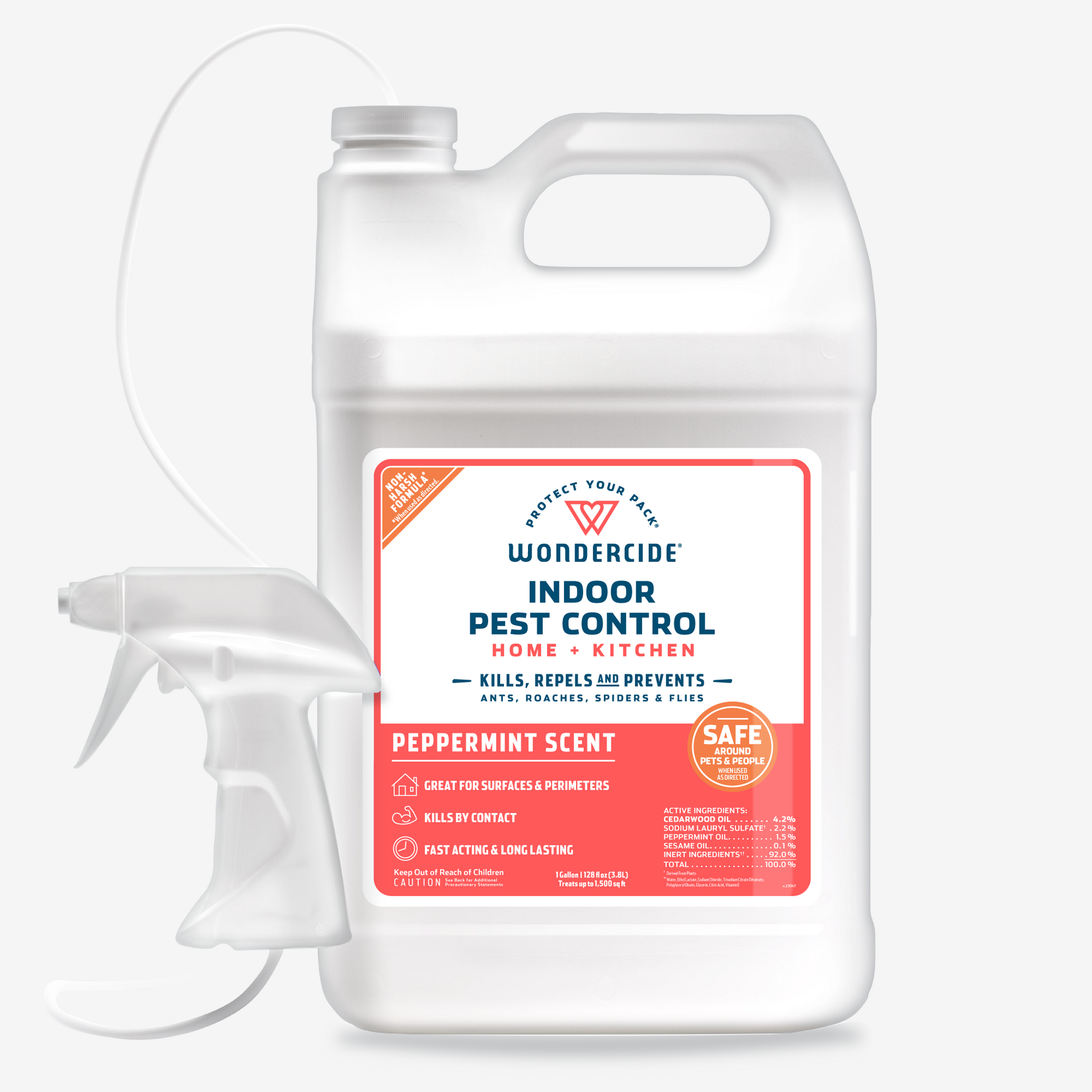 The Wondercide Indoor Pest Control for Home + Kitchen features a spray nozzle and peppermint scent. It effectively targets ants, roaches, spiders, and fleas indoors using natural essential oils and pet-safe ingredients.