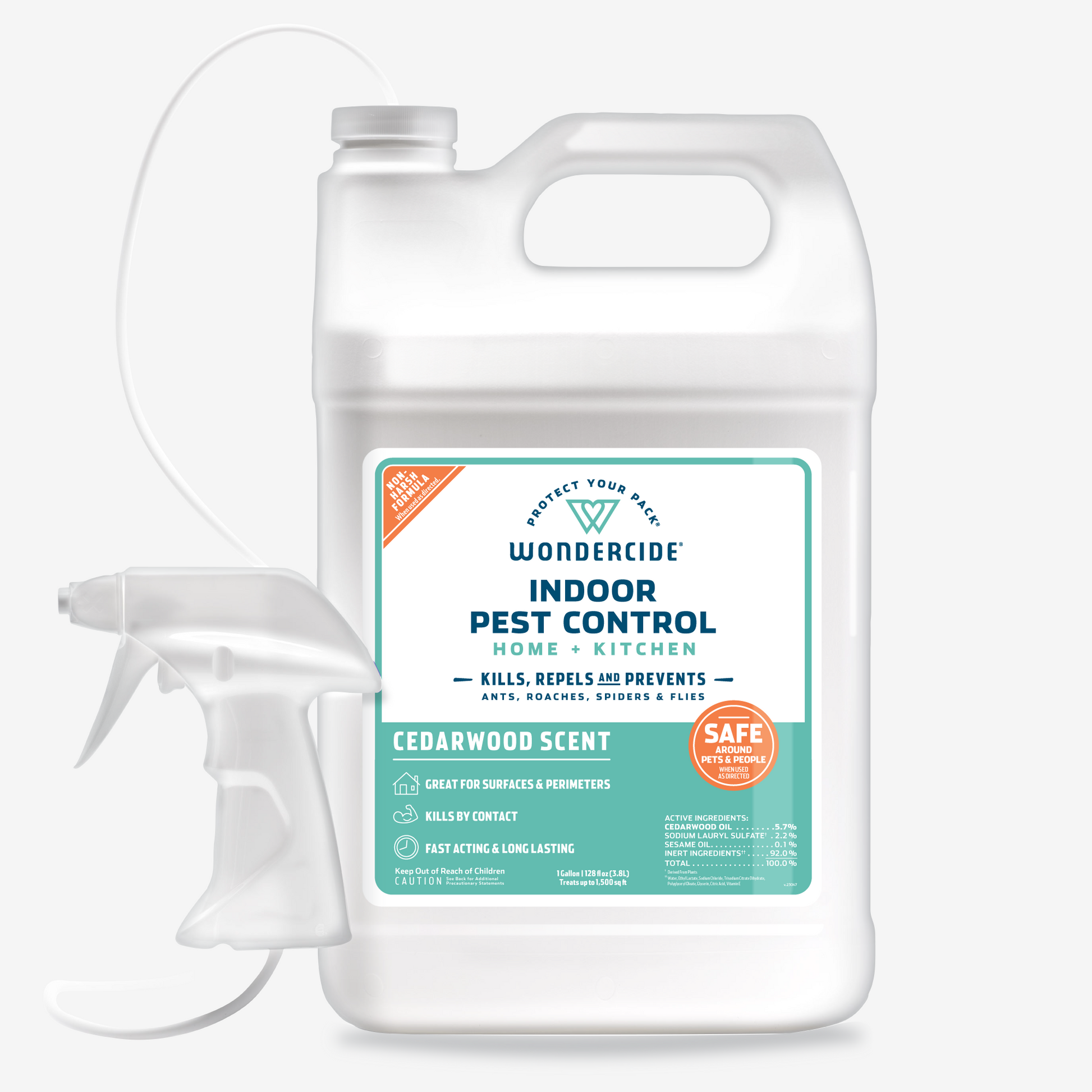 The Wondercide Indoor Pest Control for Home + Kitchen comes in a white spray bottle with a green and orange label, offers cedarwood-scented protection against ants and roaches. It kills, repels, and prevents pests using natural essential oils, is pet-safe, and features a convenient spray nozzle.